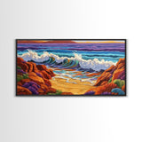Surf Shoreline, Rocks, Sunset, Vibrant coastal Canvas Print, wave crashing beach art, living room ocean scene, colorful boho seascape