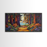 Forest Path, Ocean, Framed Canvas Print, Redwood forest trail to ocean scene, Nature inspired art, Rustic Living Room Wall Art