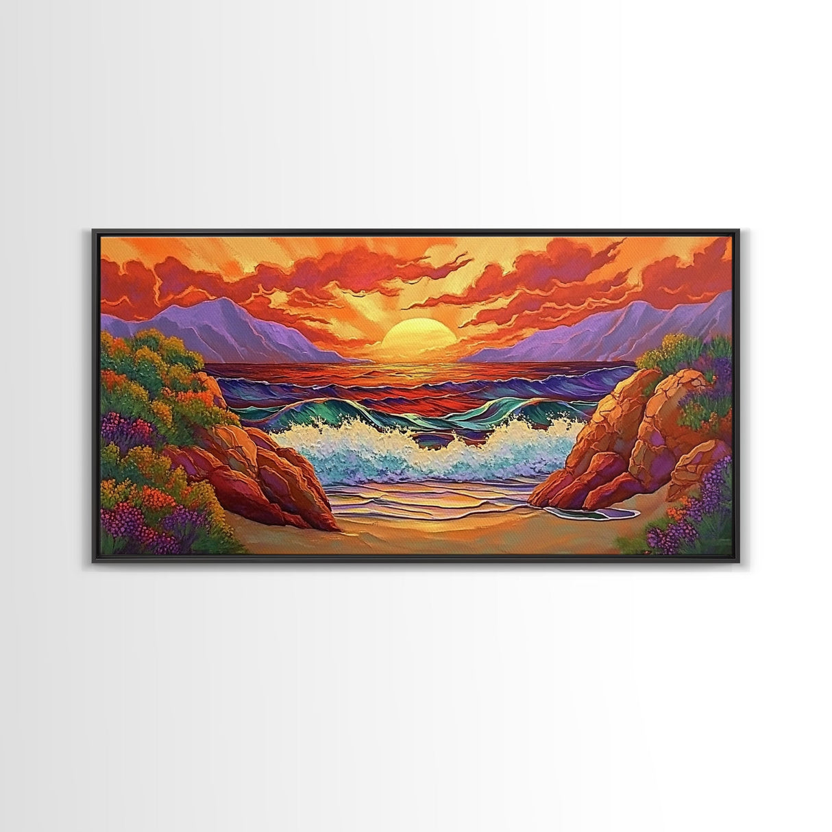 Sunset Waves, Rocks, Framed Canvas Print, Vibrant ocean sunset, crashing waves cliffs painting, Coastal Decor, Beach House Wall Art