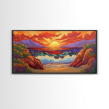 Sunset Waves, Rocks, Framed Canvas Print, Vibrant ocean sunset, crashing waves cliffs painting, Coastal Decor, Beach House Wall Art