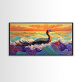 Ocean Bird, Sunset, Framed Canvas Print, Vibrant seabird in waves sunset seascape painting, Colorful Coastal Decor, Bathroom Wall Art