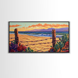 Beach Cactus, Fence, Framed Canvas Print, Vibrant Desert Beach Landscape, Colorful Boho Western Decor, Southwestern Living Room Art
