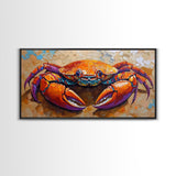 Crab Colorful, Beach, Framed Canvas Print, Brightly painted crab on sand, Ocean Kitchen Decor, Playful Beach Art, Coastal Wall Art