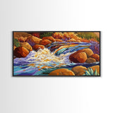 Autumn River, Rocks, Splash, Framed Canvas Print, colorful waterfall painting, nature wall art, rustic cabin decor, landscape art