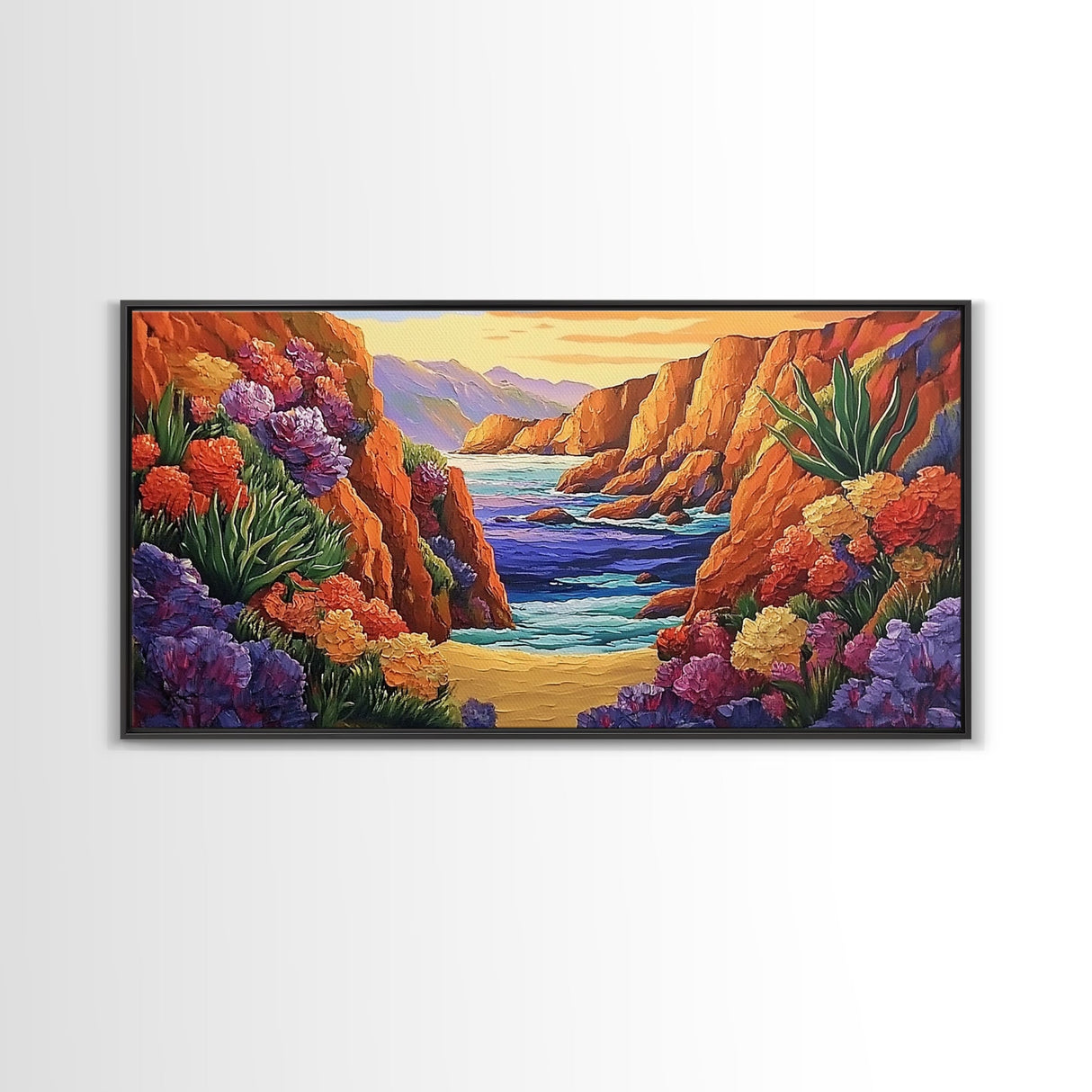 Desert Coast, Flowers, Path, Canvas Print, vibrant canyon seascape, southwest home decor, hallway wall art, colorful desert painting