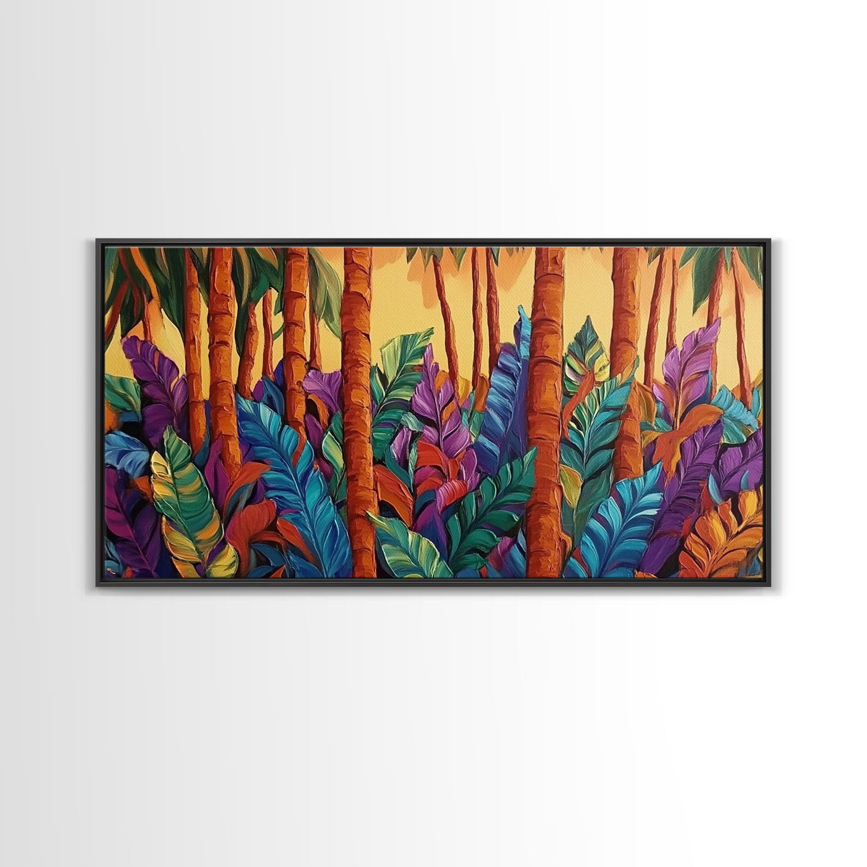 Jungle Leaves, Palms, Tropical, Framed Canvas Print, vibrant rainforest botanical wall art, boho plant decor, entryway art