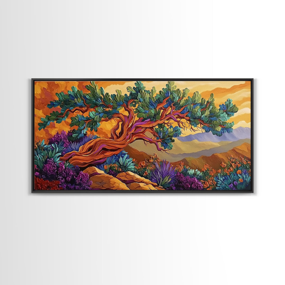 Tree Mountains, Sunset, Windswept, Canvas Print, expressive twisted pine painting, rustic boho decor, nature art, fall wall piece