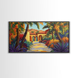 Villa Garden, Palms, Path, Framed Canvas Print, tropical courtyard scene, Mediterranean decor, living room wall art, villa painting