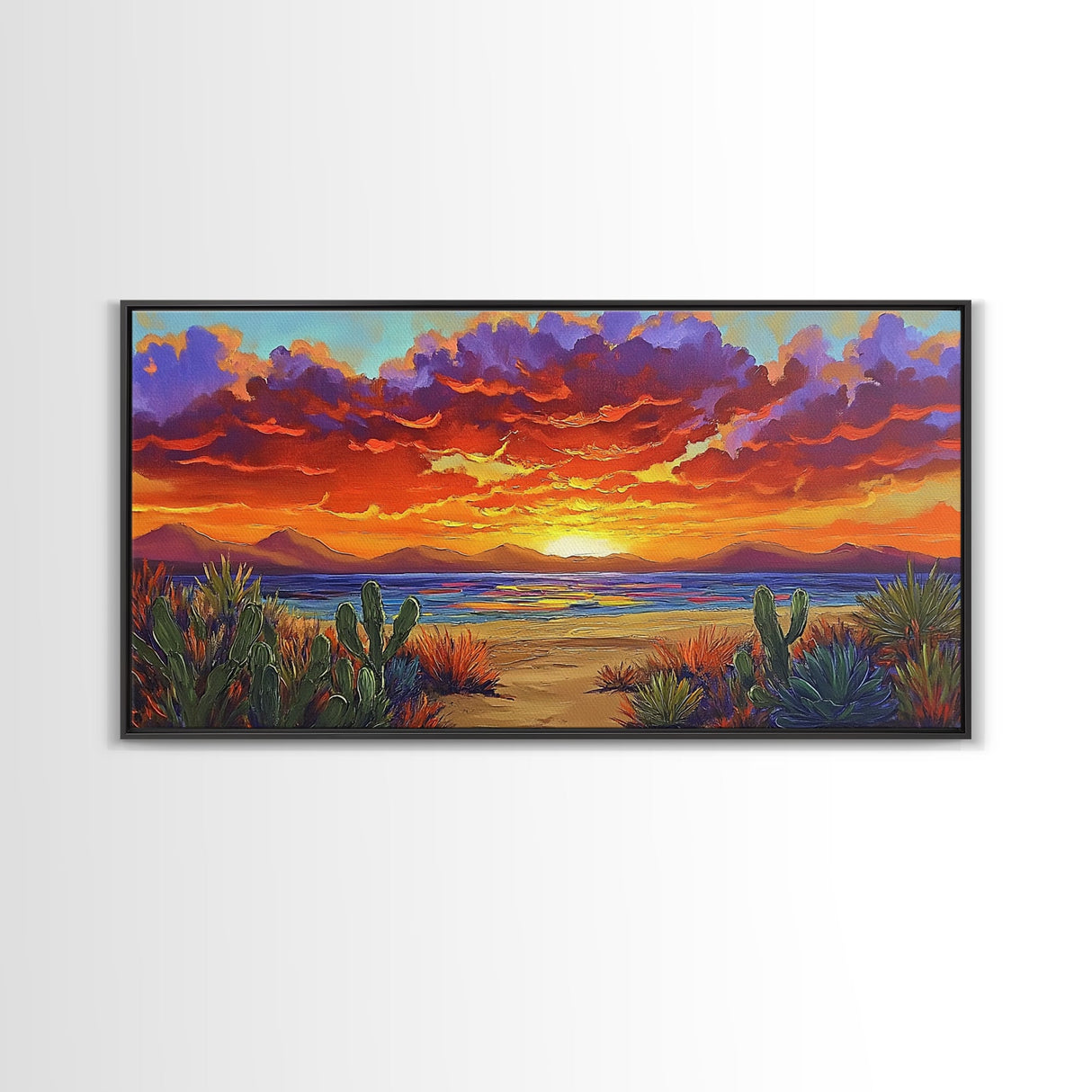 Sunset Beach, Desert, Cactus, Framed Canvas Print, vivid sunset desert beach scene, boho coastal decor, southwestern wall art