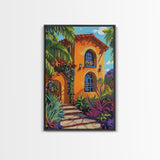 Tropical Villa, Sunset, Vibes, Framed Canvas Print, Mediterranean wall art, boho home decor, warm palette, Kitchen or Living Room
