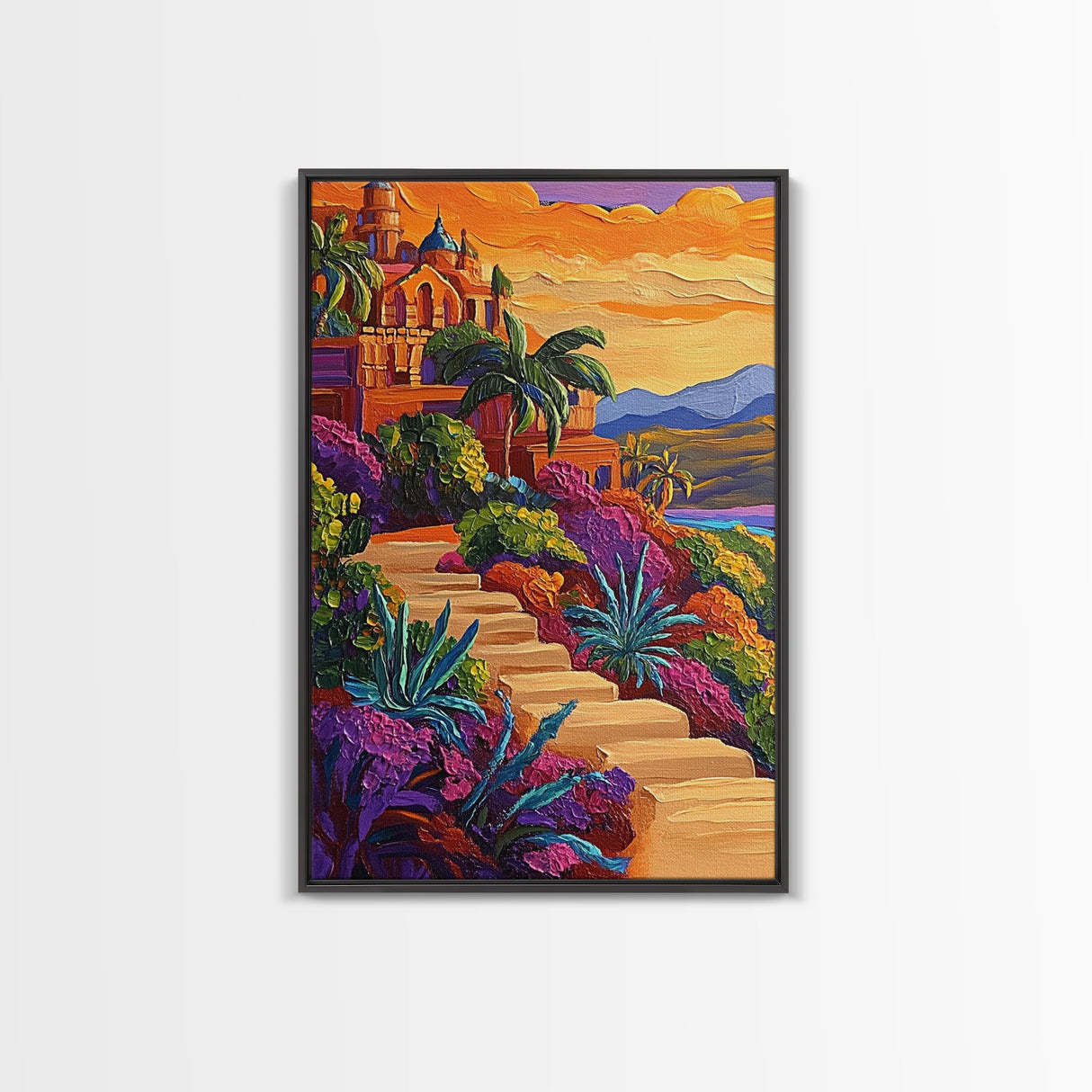Sunset Mexico, Colorful, Travel, Framed Canvas Print vibrant coastal villa painting, colorful sunset art, Mediterranean boho travel vibes