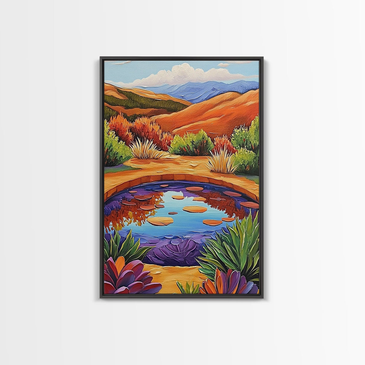 Pond Reflection, Nature, Desert, Framed Canvas Print tranquil desert pond painting, colorful reflection landscape art,  entryway wall decor
