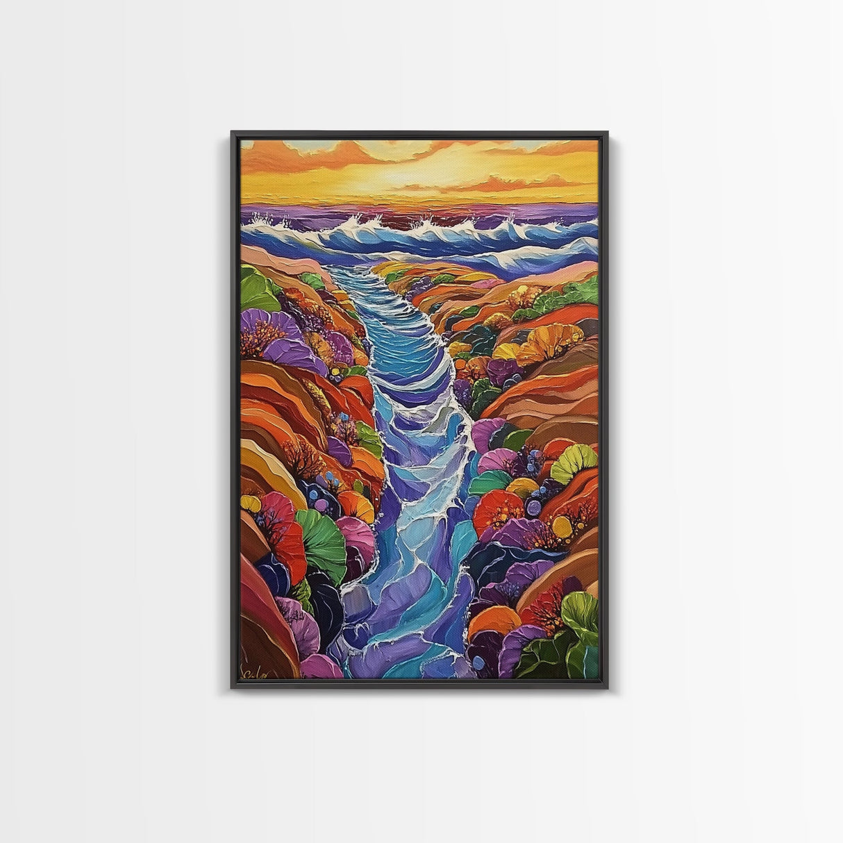 Ocean Tidepool, Rainbow, Shoreline, Canvas Print vivid shoreline tidepool painting, colorful abstract coastal artwork, ocean bathroom wall art