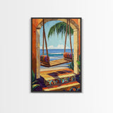 Swing Ocean, Tropical, Archway, Framed Canvas Print, Beach retreat wall art, vibrant tropical decor, Bedroom or Bathroom Wall Art