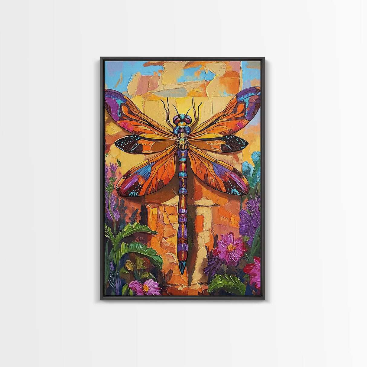Dragonfly Floral, Bold, Nature, Framed Canvas Print, Boho dragonfly wall art, vivid nature insect painting, Bathroom or Entryway Art