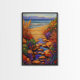 Path Ocean, Flowers, Shoreline, Framed Canvas Print, Bright coastal landscape, colorful wildflower path, Bathroom or Entryway Wall Art