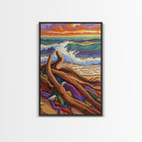 Driftwood Waves, Beach, Sunset, Framed Canvas Print, Coastal stormy beach scene, textured seascape painting, Nautical Bathroom Wall Art