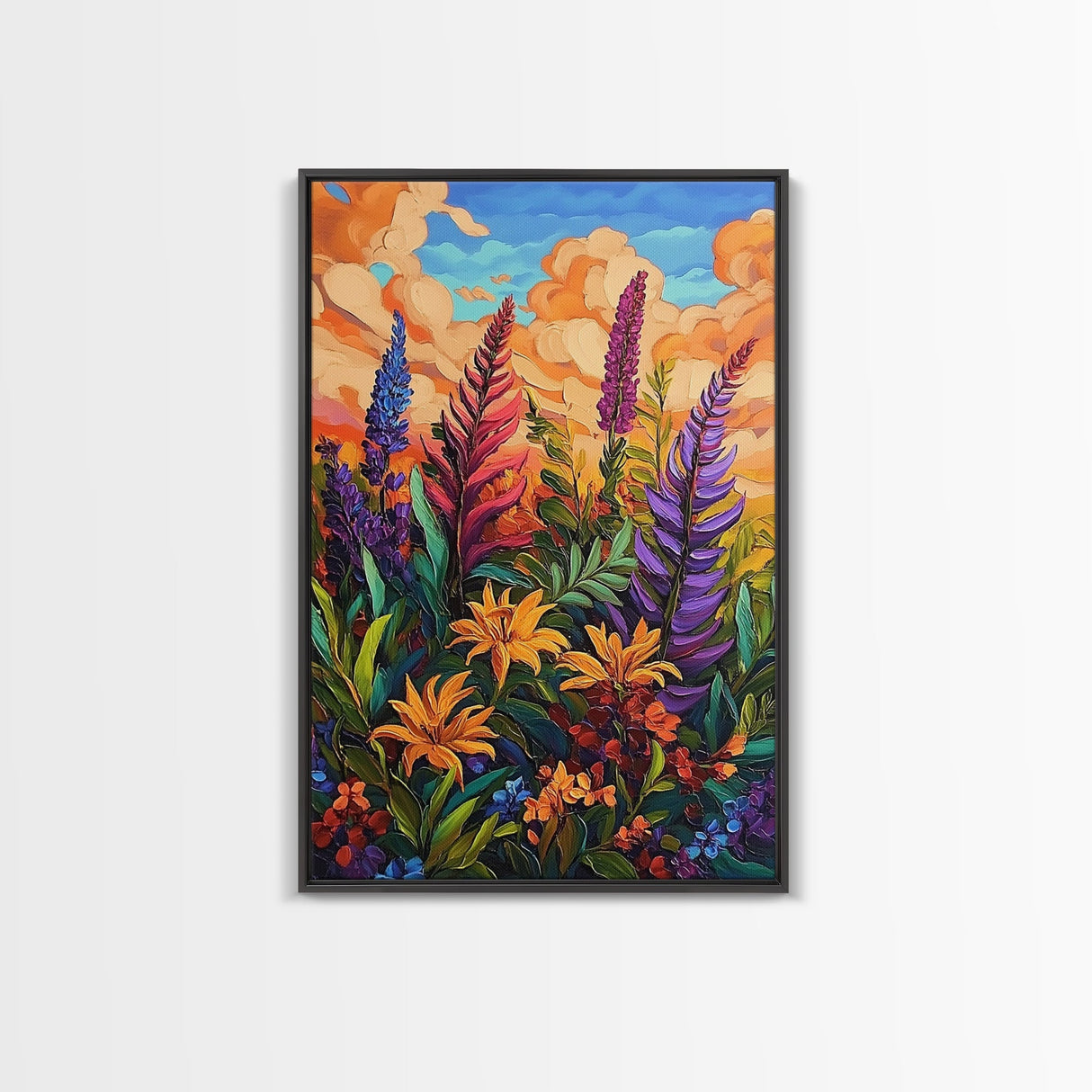 Vibrant Autumn, Blooms, Landscape, Framed Canvas Print, Bright Wildflower Artwork, Living Room Wall Art, Colorful Fall Floral Boho Painting
