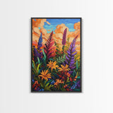 Vibrant Autumn, Blooms, Landscape, Framed Canvas Print, Bright Wildflower Artwork, Living Room Wall Art, Colorful Fall Floral Boho Painting