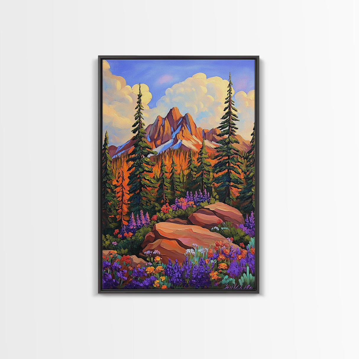 Mountain Forest, Wildflowers, Scenic, Framed Canvas Print, Nature Lover Gift, Cabin Decor, Rustic Living Room Art, Woodland Landscape