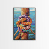 Nautical Knot, Dock, Ocean, Framed Canvas Print, Coastal Wall Art, Beach House Decor, Colorful Seaside Painting, Boat Lover Gift
