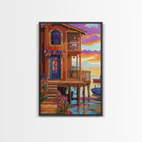 Tropical Sunset, House, Dock, Framed Canvas Print vibrant coastal house wall art, beach wall decor, sunset painting, tropical room decor