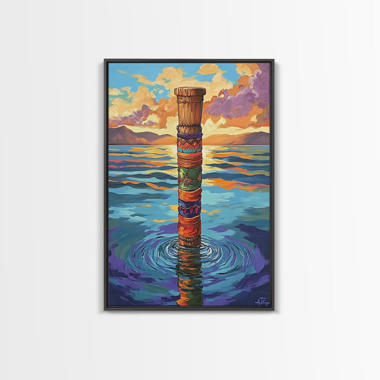 Tribal Water, Pole, Peaceful, Framed Canvas Print tranquil ocean pole artwork, tribal inspired sea painting, boho decor, hallway wall art