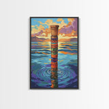 Tribal Water, Pole, Peaceful, Framed Canvas Print tranquil ocean pole artwork, tribal inspired sea painting, boho decor, hallway wall art