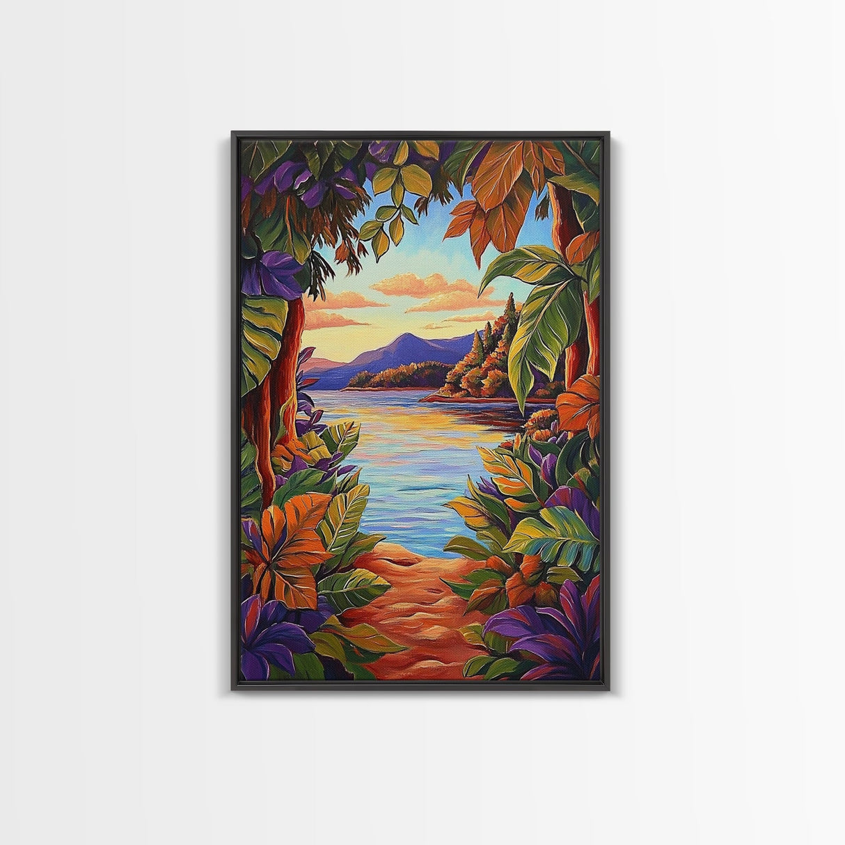 Tropical Lake, Sunset, Leaves, Canvas Print colorful tropical art, jungle boho decor, vibrant beach house wall art, exotic nature room print