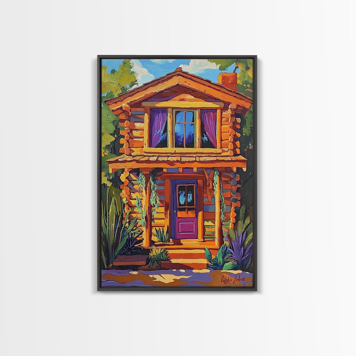 Cabin Cozy, Rustic, Nature, Framed Canvas Print log cabin wall art, autumn home decor, rustic living room print, woodland boho wall decor