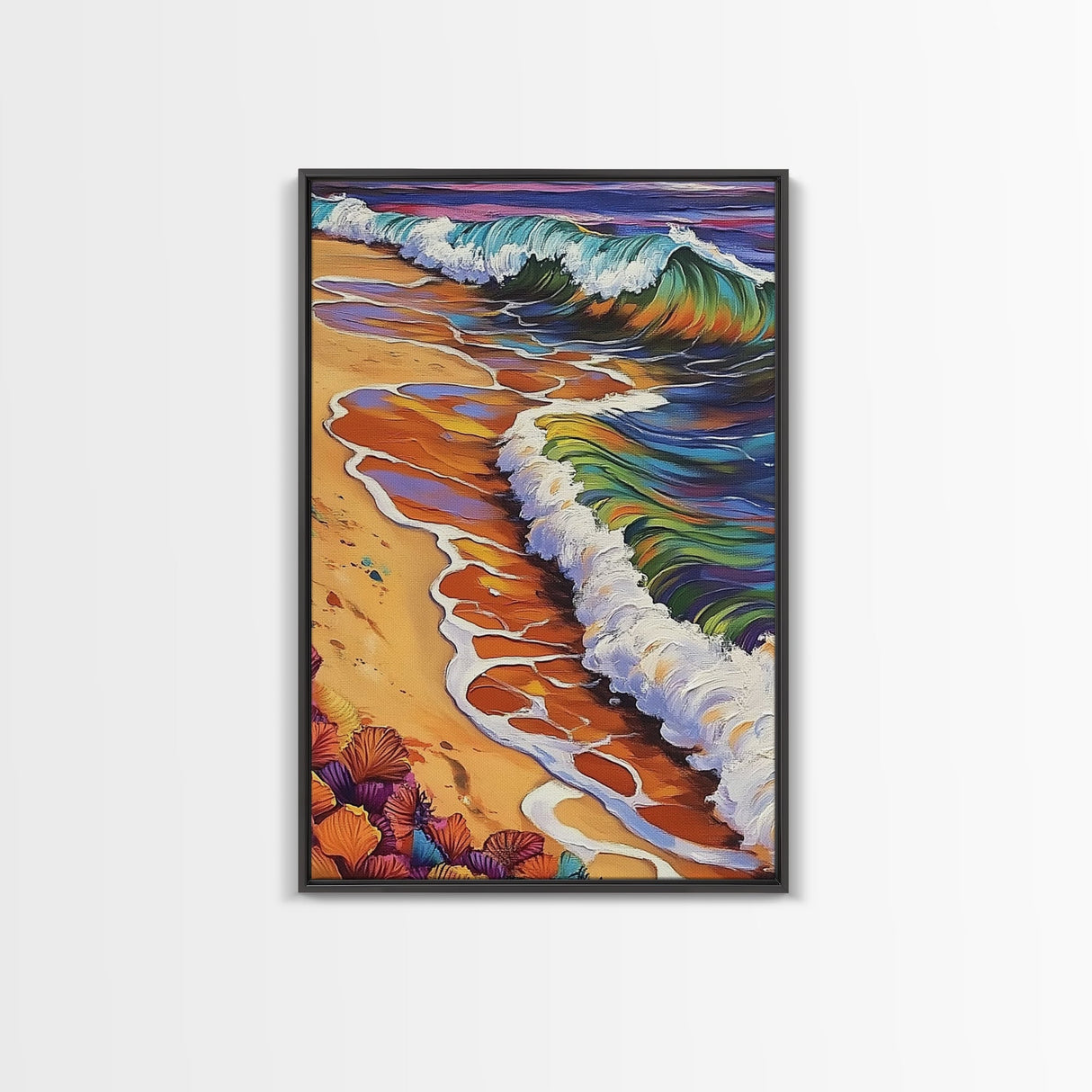 Beach Waves, Sunset, Framed Canvas Print, Vibrant Coastal Wall Art, Tropical Ocean Decor, Colorful Living Room Wall Art, Boho Beach Print