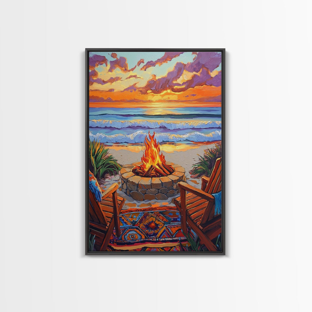 Firepit Sunset, Beach, Chairs, Canvas Print, cozy beach fire art, boho sunset vibes, fall bonfire wall decor, living room or patio