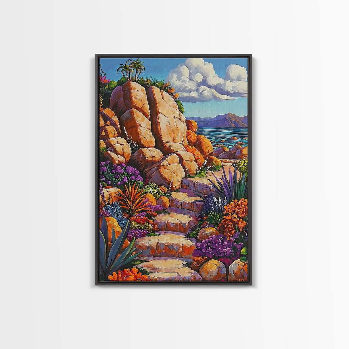 Rocky Pathway, Flowers, Framed Canvas Print, Vibrant Desert Trail Art, Colorful Landscape Wall Decor, Boho Living Room Wall Art