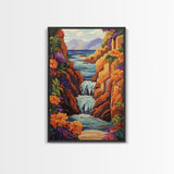 Waterfall Cliffs, Ocean, Framed Canvas Print, Tropical Canyon Wall Art, Colorful Nature Inspired Decor, Bathroom art, Entryway Wall Art