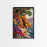Cave Beach, Flowers, Framed Canvas Print, Coastal Landscape Wall Art, Colorful Boho Nature Decor, Living Room art, Office Wall Art