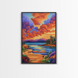 Sunset Lake, Pathway, Dreamy, Framed Canvas Print vibrant sunset lake art, colorful sky and mountain scene, living room art, office boho decor