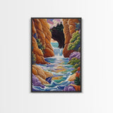 Waterfall Arch, Canyon, Coastal, Framed Canvas Print dramatic coastal waterfall painting, colorful canyon ocean view, nature boho decor