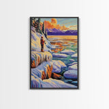 Winter Fishing, Snow, Landscape, Framed Canvas Print peaceful snowy fishing scene, winter mountain art, lodge or cabin living room wall decor