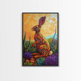 Bunny Cactus, Desert, Whimsical Framed Canvas Print, Eclectic Living Room Wall Art, Boho Southwest Decor, Colorful Animal Painting
