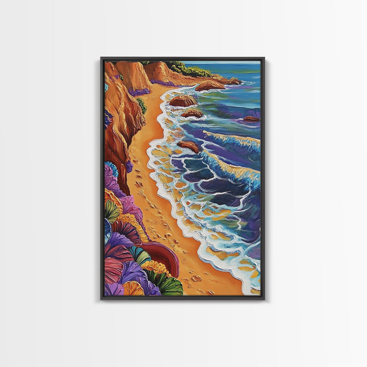 Cliff Shoreline, Ocean, Flowers, Framed Canvas Print, coastal boho art, colorful seascape, beach lover gift, bathroom or hallway art
