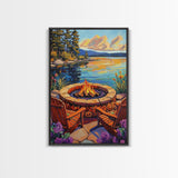 Firepit Chairs, Lake, Sunset, Framed Canvas Print, outdoor patio wall decor, rustic lakeside art, cozy fall cabin retreat artwork