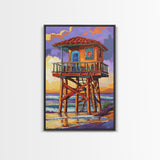 Lifeguard Ocean, Surf, Sunset, Framed Canvas Print, Vibrant Lifeguard Tower Canvas, Surf Shack Painting, Beach Wall Art, Living Room Accent