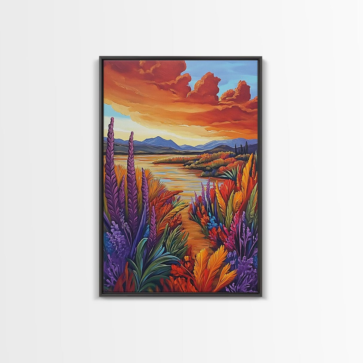 Autumn Lake, Trail, Fall Landscape Painting, Warm Sunset Wall Decor, Living Room Boho Vibes, Framed Canvas Print