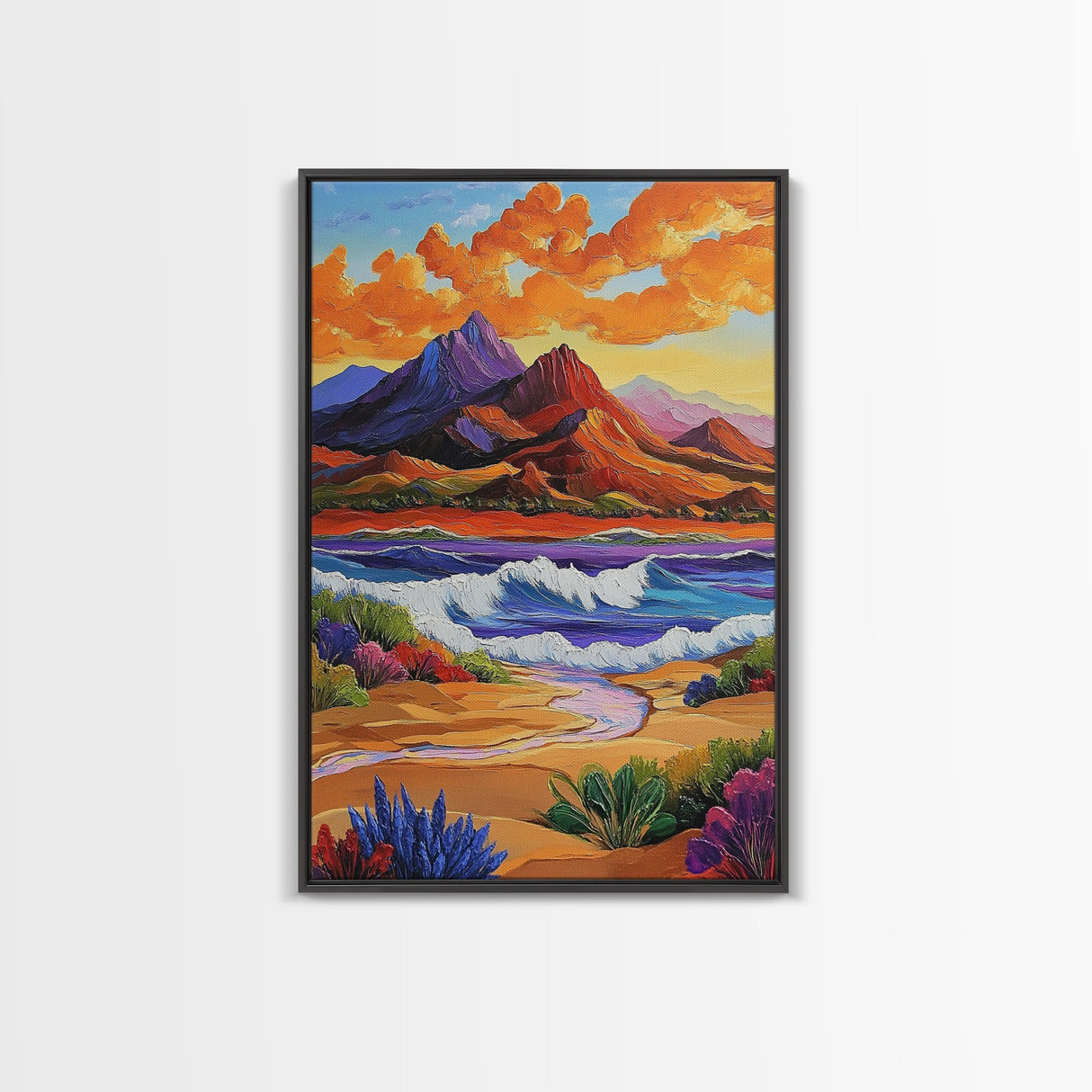 Mountain Coast, Sunset, Bold Desert Landscape Painting, Nature Adventure Art, Office Wall Decor, Framed Canvas Print