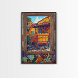 Rustic Wagon, Village, Colorful House Framed Canvas Print, Southwest Home Decor, Farmhouse Kitchen Wall Art, Mexican Art Style