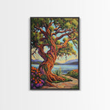 Majestic Tree, Lakeside, Sunset Canvas Print, Nature Lover’s Wall Art, Cabin Living Room Decor, Whimsical Landscape Painting
