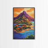 Mountain Village, Sunset, Adventure, Framed Canvas Print, Bright Landscape Wall Art, Colorful Home Decor, Eclectic Living Room Art
