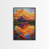 Mountain Reflection, Lake, Sunset, Framed Canvas Print, Vibrant Nature Wall Art, Rustic Cabin Decor, Bold Sunset Landscape Painting
