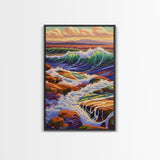 Waves Rocky, Shoreline, Sunset, Framed Canvas Print, Coastal Nature Art, Vibrant Seascape Wall Decor, Bathroom or Living Room Art