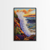 Wave Splash, Cliffside, Sunset, Framed Canvas Print, Bold Ocean Wall Art, Coastal Living Room Decor, Vibrant Beach Seascape Painting